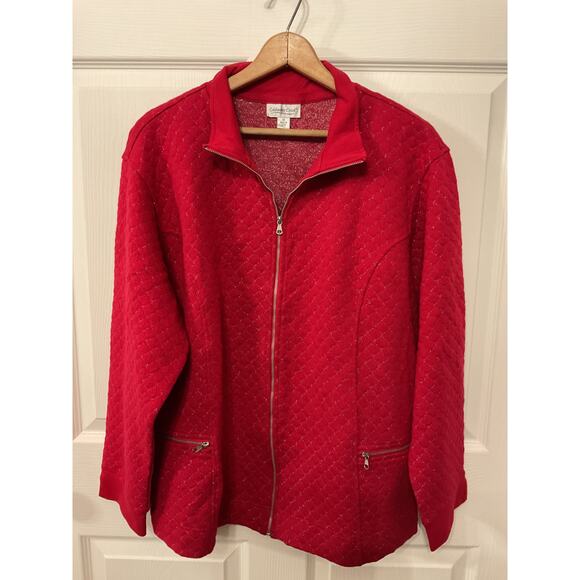 Coldwater Creek Red Textured Boucle Metallic Knit Zip-Up Jacket,1x - Picture 1 of 6
